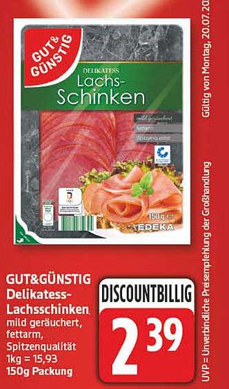 GUT&GÜNSTIG Delikatess-Lachsschinken, mild geräuchert, fettarm, Spitzenqualität, 1kg = 15,93, 150g Packung