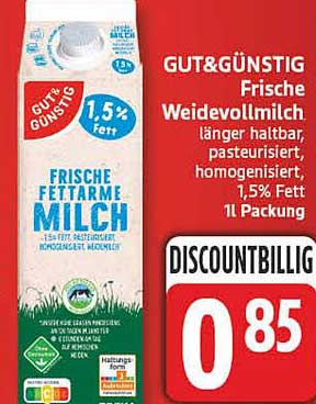 GUT&GÜNSTIG Frische Weidevollmilch länger haltbar, pasteurisiert, homogenisiert, 1,5% Fett 1 l Packung