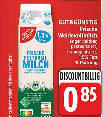 GUT&GÜNSTIG Frische Weidevollmilch länger haltbar, pasteurisiert, homogenisiert, 1,5% Fett 1l Packung DISCOUNTBILLIG