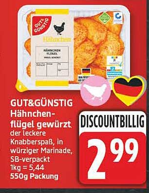 GUT&GÜNSTIG Hähnchen-flügel gewürzt der leckere Knabberspaß, in würziger Marinade, SB-verpackt 1kg = 5,44 550g Packung