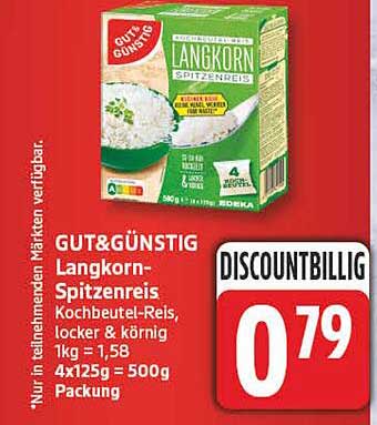 GUT&GÜNSTIG Langkorn-Spitzenreis Kochbeutel-Reis, locker & körnig 1kg = 1,58 € / 1kg = 500g Packung