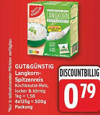 GUT&GÜNSTIG Langkorn-Spitzenreis Kochbeutel-Reis, locker & körnig, 1kg = 1,58 € / 4x125g = 500g Packung