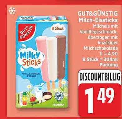 GUT&GÜNSTIG Milch-Eissticks Milcheis mit Vanillegeschmack, überzogen mit knackiger Milchschokolade 1 l = 4,90 8 Stück = 304ml Packung