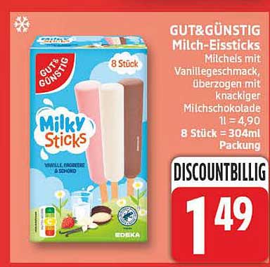 GUT&GÜNSTIG Milch-Eissticks Milcheis mit Vanillegeschmack, überzogen mit knackiger Milchschokolade 11 = 4,90 8 Stück = 304ml Packung