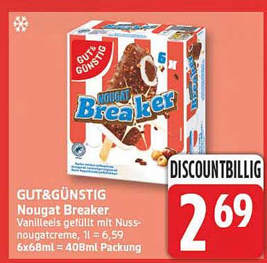 GUT&GÜNSTIG Nougat Breaker Vanilleeis gefüllt mit Nuss-Nougatcreme, 1l = 6,59 6x68ml= 408ml Packung