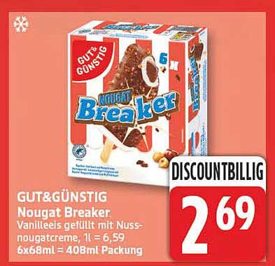GUT&GÜNSTIG Nougat Breaker Vanilleeis gefüllt mit Nuss-nougatcreme, 1l = 6,59 6x68ml = 408ml Packung