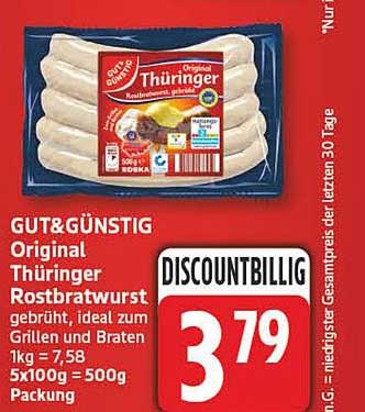 GUT&GÜNSTIG Original Thüringer Rostbratwurst gebrüht, ideal zum Grillen und Braten 1kg = 7,58 5x100g = 500g Packung
