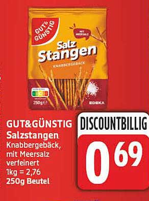 GUT&GÜNSTIG Salzstangen Knabbergebäck mit Meersalz verfeinert 1kg = 2,76 250g Beutel