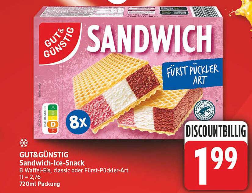 GUT&GÜNSTIG Sandwich-Ice-Snack 8 Waffel-Eis, classic oder Fürst-Pückler-Art 720ml Packung