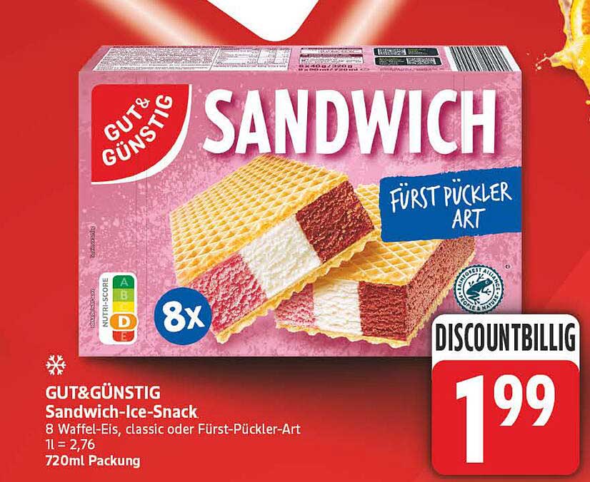 GUT&GÜNSTIG Sandwich-Ice-Snack 8 Waffel-Eis, classic oder Fürst-Pückler-Art