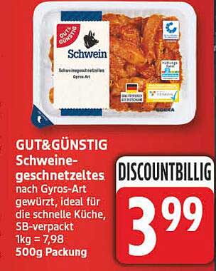 GUT&GÜNSTIG Schweinegeschnetzeltes nach Gyros-Art gewürzt, ideal für die schnelle Küche, SB-verpackt 1kg = 7,98 500g Packung