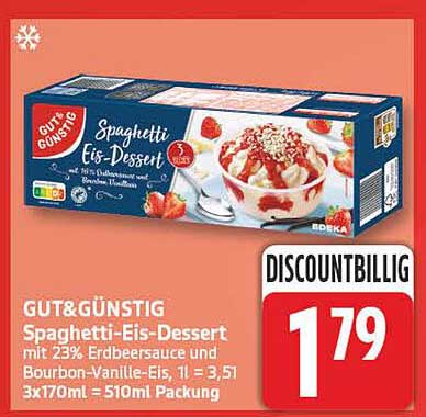 GUT&GÜNSTIG Spaghetti-Eis-Dessert mit 23% Erdbeersauce und Bourbon-Vanille-Eis, 1l = 3,51 3x170ml = 510ml Packung
