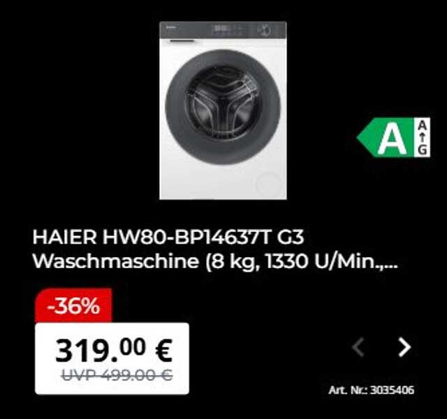 HAIER HW80-BP14637T G3 Waschmaschine (8 kg, 1330 U/Min.,...)