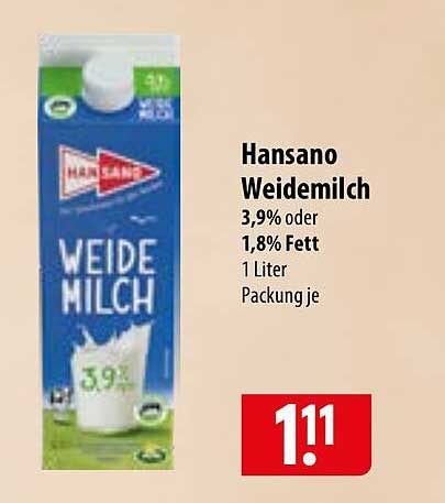 Hansano Weidemilch 3,9% oder 1,8% Fett 1 Liter Packung je