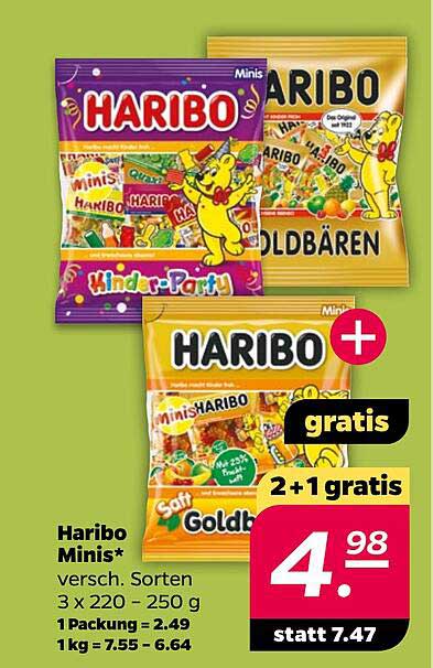 Haribo Minis* versch. Sorten 3 x 220 - 250 g 1Packung = 2.49 1 kg = 7.55 - 6.64
