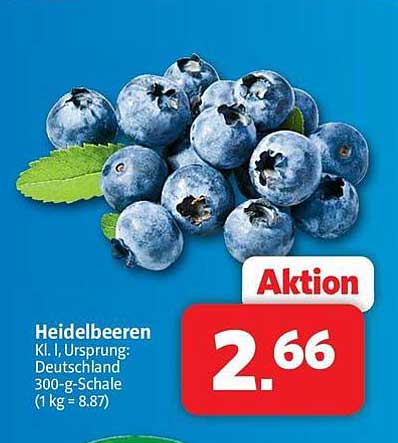Heidelbeeren Kl. I Ursprung: Deutschland 300-g-Schale (1 kg = 8.87)