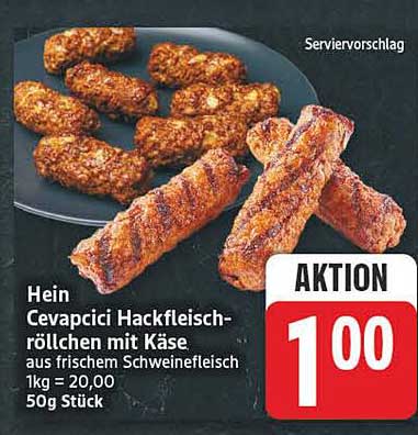 Hein Cevapcici Hackfleischröllchen mit Käse, aus frischem Schweinefleisch, 1kg = 20,00, 50g Stück