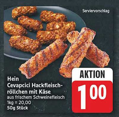 Hein Cevapcici Hackfleischröllchen mit Käse aus frischem Schweinefleisch 1kg = 20,00 50g Stück
