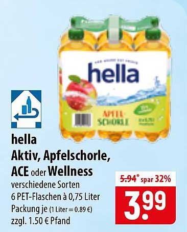 hella Aktiv, Apfelschorle, ACE oder Wellness verschiedene Sorten 6 PET-Flaschen à 0,75 Liter Packung je (1 Liter = 0.89 €) zzgl. 1.50 € Pfand