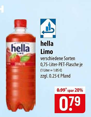 hella Limo verschiedene Sorten 0,75-Liter-PET-Flasche je (1 Liter = 1.05 €) zzgl. 0.25 € Pfand
