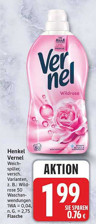 Henkel Vernel Weichspüler, versch. Varianten, z. B.: Wildrose 50 Waschanwendungen 1WA = 0,04, n. G. = 2,75 Flasche