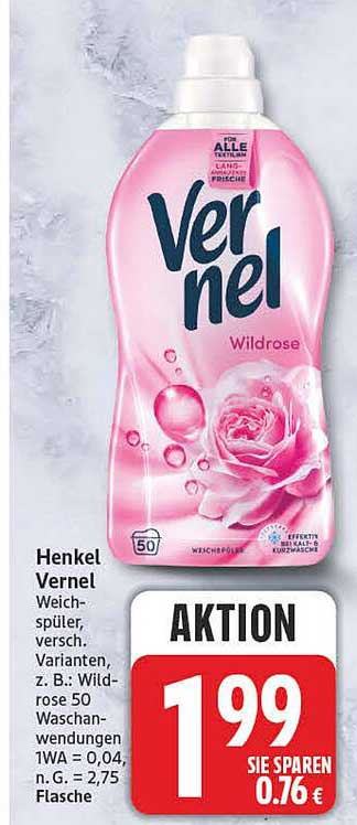 Henkel Vernel Weichspüler, versch. Varianten, z. B.: Wildrose 50 Waschanwendungen 1WA = 0,04, n. G. = 2,75 Flasche