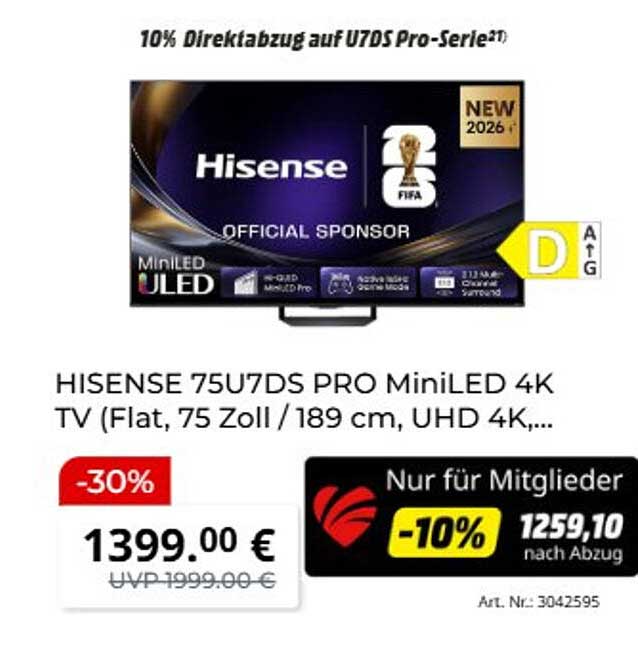HISENSE 75U7DS PRO MiniLED 4k TV (Flat, 75 Zoll / 189 cm, UHD 4K,...