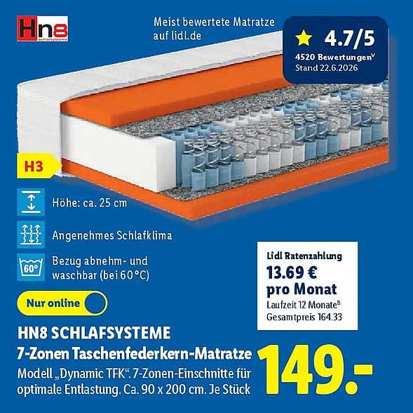 HN8 SCHLAFSYSTEME 7-Zonen Taschenfederkern-Matratze Modell „Dynamic TFK“: 7-Zonen-Einschnitte für optimale Entlastung. Ca. 90 x 200 cm. Je Stück