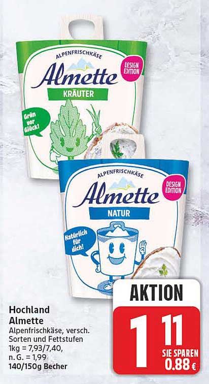Hochland Almette Alpenfrischkäse, versch. Sorten und Fettstufen 140/150g Becher