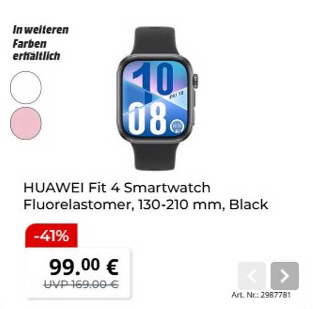 HUAWEI Fit 4 Smartwatch Fluorelastomer, 130-210 mm, Black