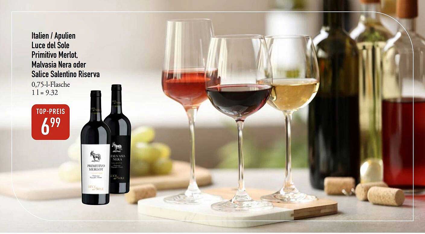 Italien / Apulien Luce del Sole Primitivo Merlot, Malvasia Nera oder Salice Salentino Riserva 0,75-l-Flasche