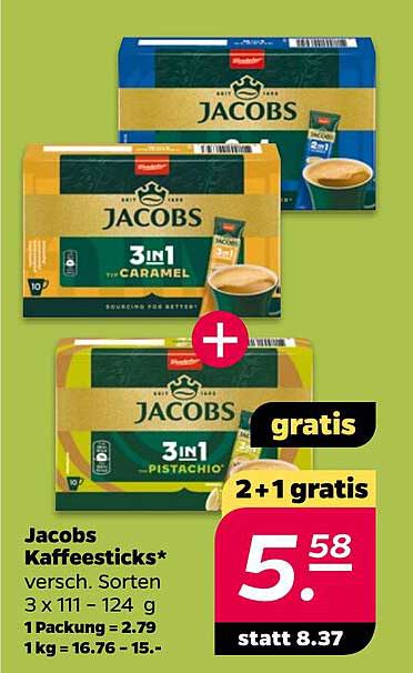Jacobs Kaffeesticks* versch. Sorten 3 x 11 – 124 g 1 Packung = 2.79 1kg = 16.76 – 15.-