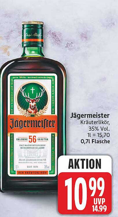 Jägermeister Kräuterlikör, 35% Vol. 1l = 15,70 0,7l Flasche