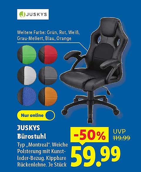 JUSKYS Bürostuhl Typ „Montreal“. Weiche Polsterung mit Kunstleder-Bezug. Kippbare Rückenlehne. Je Stück