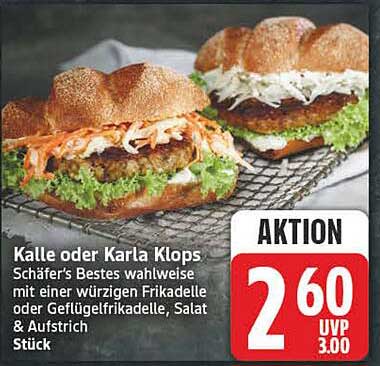 Kalle oder Karla Klops Schäfer's Bestes wahlweise mit einer würzigen Frikadelle oder Geflügelfrikadelle, Salat & Aufstrich Stück