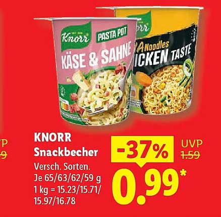 KNORR Snackbecher Versch. Sorten. Je 65/63/62/59 g 1 kg = 15.23/15.71/15.97/16.78