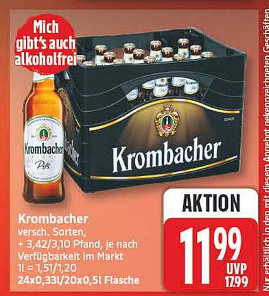 Krombacher versch. Sorten, + 3,42/3,10 Pfand, je nach Verfügbarkeit im Markt 1 = 1,51/1,20 24x0,33l/20x0,5l Flasche