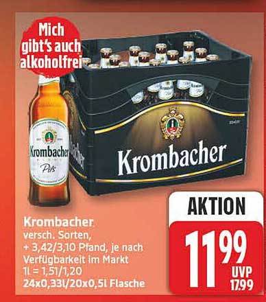 Krombacher versch. Sorten, + 3,42/3,10 Pfand, je nach Verfügbarkeit im Markt 1 l = 1,51/1,20 24x0,33l/20x0,5 l Flasche
