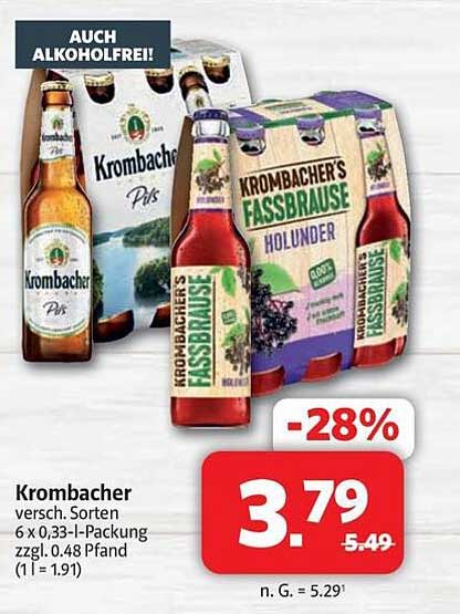 Krombacher versch. Sorten 6 x 0,33-l-Packung zzgl. 0.48 Pfand (1 l = 1.91)