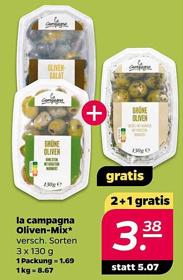 la campagna oliven-Mix* versch. Sorten 3 x 130 g 1 Packung = 1.69 1 kg = 8.67
