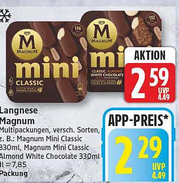 Langesne Magnum Multipackungen, versch. Sorten, z. B.: Magnum Mini Classic 330ml, Magnum Mini Classic Almond White Chocolate 330ml