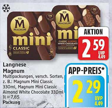 Langnese Magnum Multipackungen, versch. Sorten, z. B.: Magnum Mini Classic 330ml, Magnum Mini Classic Almond White Chocolate 330ml 1 l = 7,85 Packung