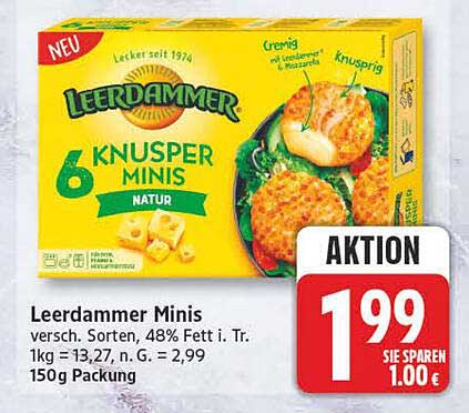 Leerdammer Minis versch. Sorten, 48% Fett i. Tr. 1kg = 13,27, n. G. = 2,99 150g Packung