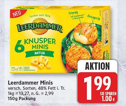 Leerdammer Minis versch. Sorten, 48% Fett i. Tr. 1kg = 13,32 / n. G. = 2,99 150g Packung