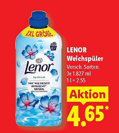LENOR Weichspüler Versch. Sorten. Je 1.827 ml 1 l = 2.55 Aktion 4.65*