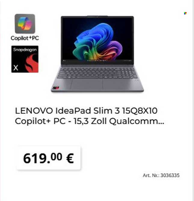LENOVO IdeaPad Slim 3 15Q8X10 Copilot+ PC - 15,3 Zoll Qualcomm...