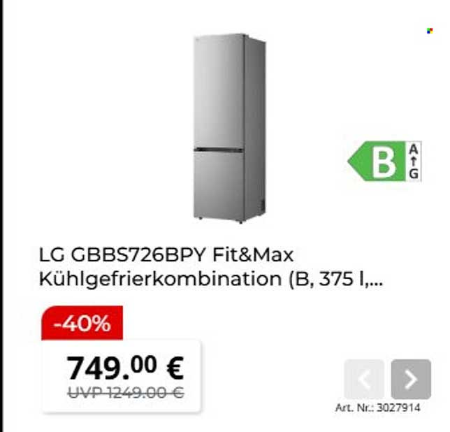LG GBBS726BPY Fit&Max Kühlgefrierkombination (B, 375 l, ...
