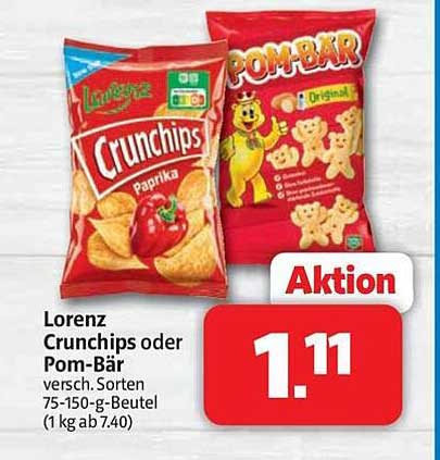 Lorenz Crunchips oder Pom-Bär versch. Sorten 75-150-g-Beutel (1 kg ab 7.40)