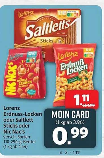 Lorenz Erdnuss-Locken oder Saltlett Sticks oder Nic Nac's versch. Sorten 110-250-g-Beutel (1 kg ab 4.44)