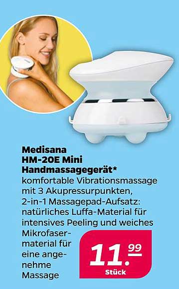 Medisana HM-20E Mini Handmassagegerät* komfortable Vibrationsmassage mit 3 Akupressurpunkten, 2-in-1 Massagepad-Aufsatz: natürliches Luffa-Material für intensives Peeling und weiches Mikrofasermaterial für eine angenehme Massage